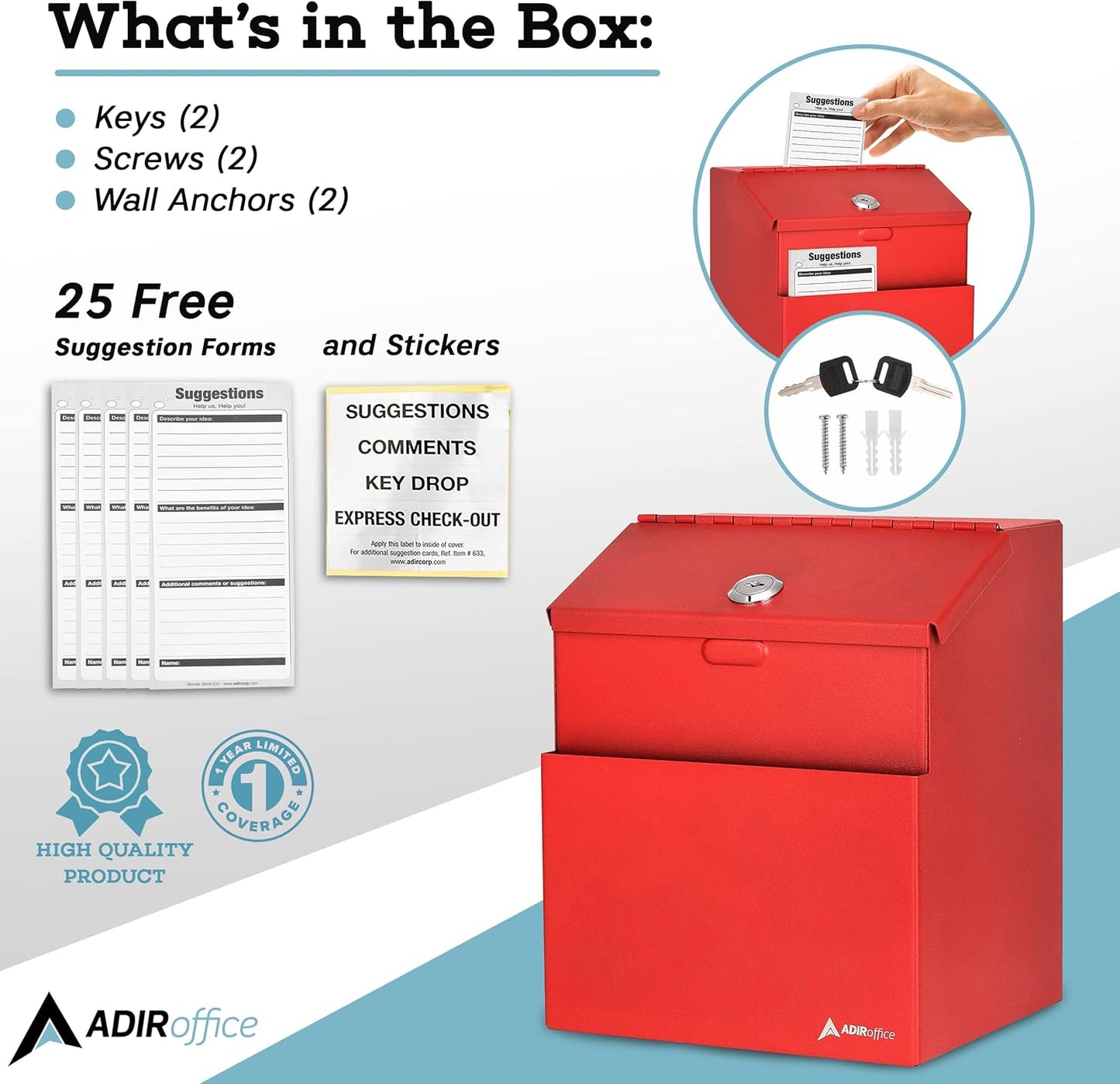 Adir Suggestion Box with Slot and Lock with 25 Comment Cards and Label Stickers, Wall Mounted Metal Donation Box for Fundraising, Tip Cash Drop Box for Money, Ballot Box Red