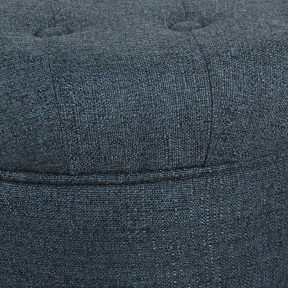 HomePop by Kinfine Fabric Upholstered Round Storage Ottoman - Velvet Button Tufted Ottoman with Removable Lid, Indigo Blue Woven