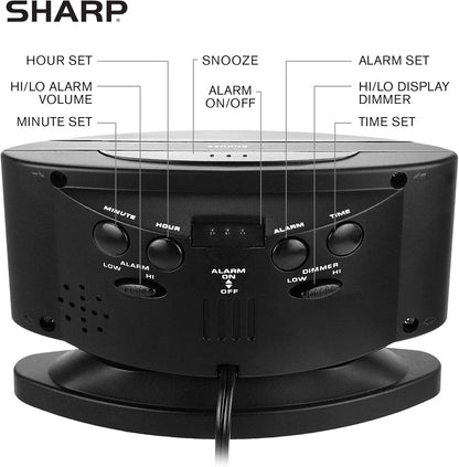 Sharp Home LED Digital Alarm Clock – Swivel Base - Outlet Powered, Simple Operation, Alarm, Snooze, Brightness Dimmer, Big Green Digit Display, (Midnight Black -Red LED)