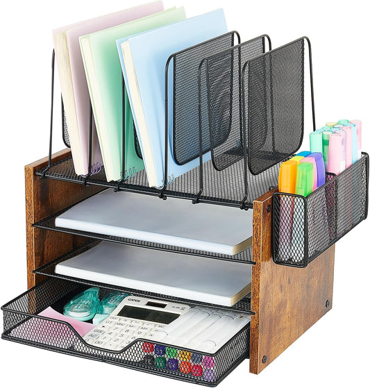Wood Desk Organizers and Accessories, 4-Tier Workspace Desktop Paper Organizer with Drawer, 5 Vertical File Holders and Pen Holder for Office Supplies