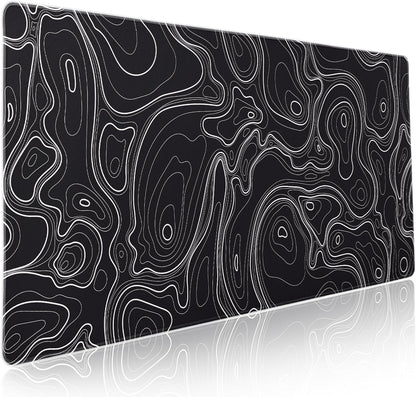 Topographic Map Black Gaming Mouse Pad XXL Minimalist Topo Geographic White Lines Extended Large Mousepad Desk Pad Non-Slip Rubber Base Stitched Edge Keyboard Pad Playmat for Computer,35.4×15.7 in
