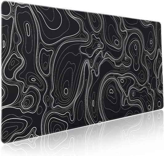 Topographic Map Black Gaming Mouse Pad XXL Minimalist Topo Geographic White Lines Extended Large Mousepad Desk Pad Non-Slip Rubber Base Stitched Edge Keyboard Pad Playmat for Computer,35.4×15.7 in