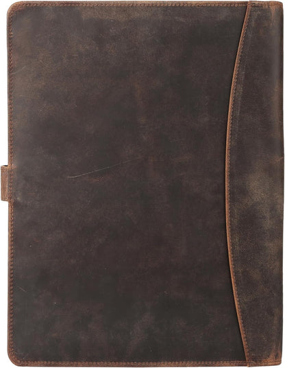 KomalC Leather Portfolio Folder with Button Closure | Business Padfolio for Professionals | Vintage Full-Grain Leather Organizer with Legal Pad Holder, Card Slots & Document Pockets (Distressed Tan)