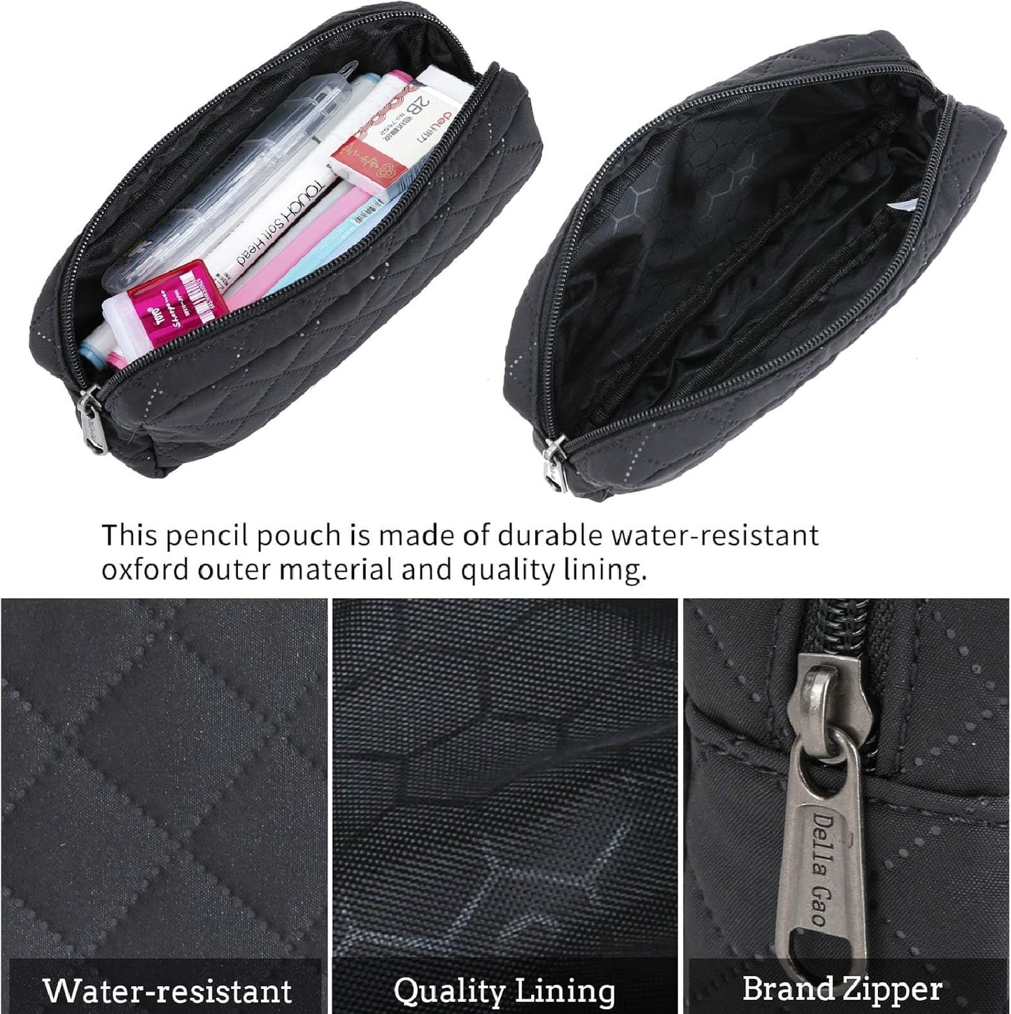 Della Gao Small Pencil Case Large Capacity Pencil Pouch Marker Pen Bag Coin Pouch Office Stationery Organizer (Black sewing)