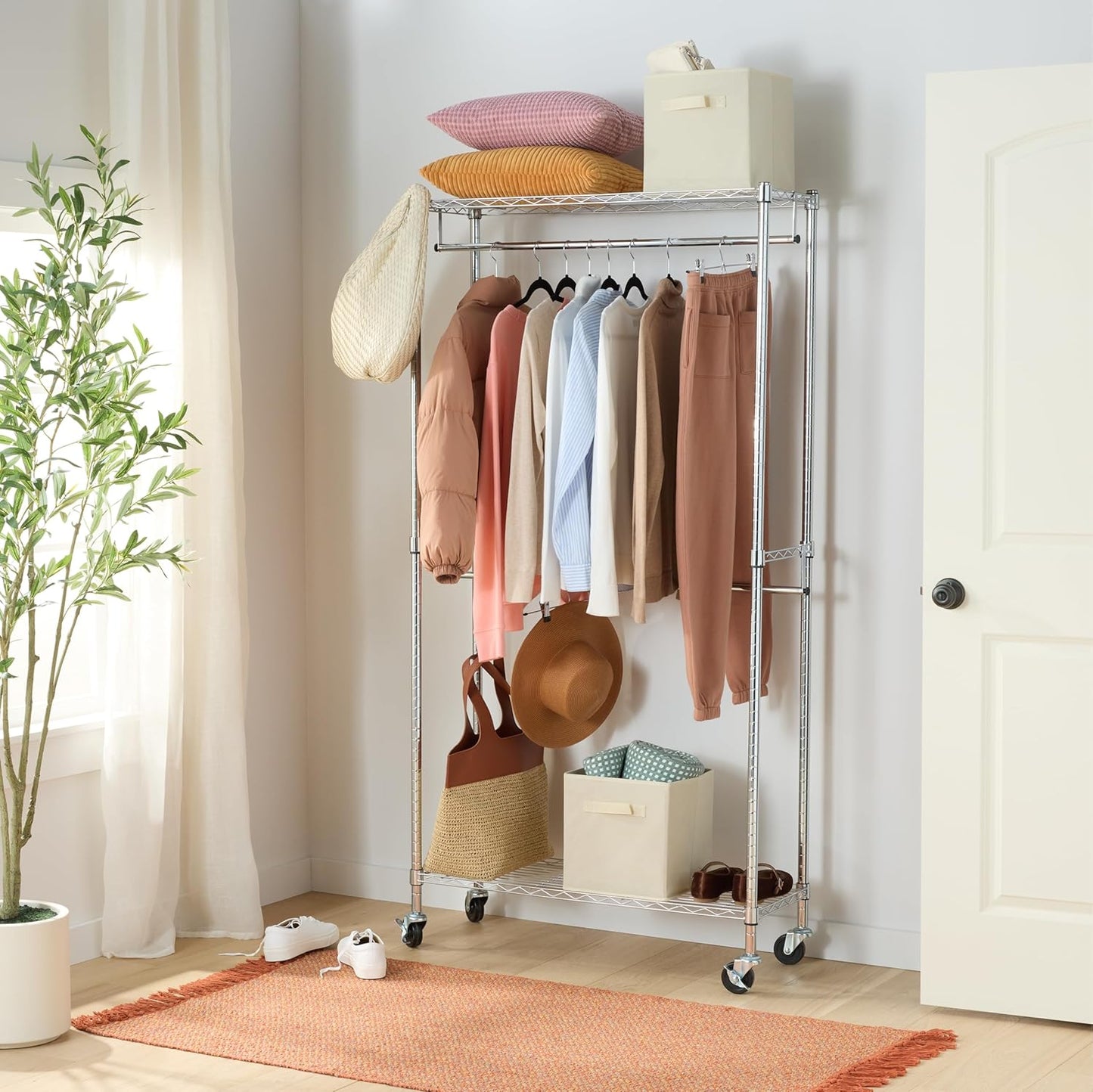 Amazon Basics Adjustable, Double Hanging Rod Garment Rolling Closet Organizer Rack with Wheels, Heavy Duty, Black, 36'' x 14'' x 72'', WI-GAR1436B