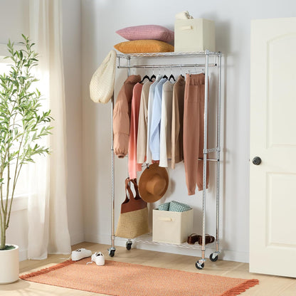 Amazon Basics Adjustable, Double Hanging Rod Garment Rolling Closet Organizer Rack with Wheels, Heavy Duty, Black, 36'' x 14'' x 72'', WI-GAR1436B