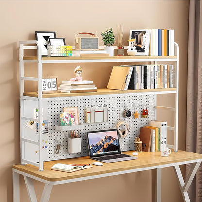 MDF Desk Hutch 2 Tier with Pegboard, Countertop Desktop Bookshelf, Storage Organizer Rack for Office, Home, Dormitory (white, 43.3in)