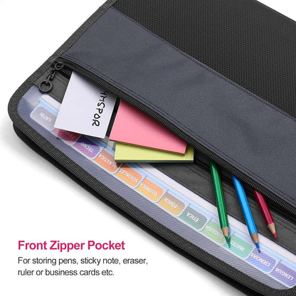 MEGREZ Expanding File Folder with 13 Pockets, 2 Pack A4 Paper File Folder with Zipper Color Labels, Waterproof Accordion File Folder Organizer for Home Office, Blue & Black