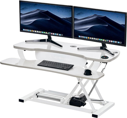 VERSADESK® Electric Standing Desk Converter, 40 Inch Large PowerPro™ Height Adjustable Sit to Stand Desk Riser with Keyboard Tray, Built-in USB Charging Outlet, Ergonomic Workstation, White