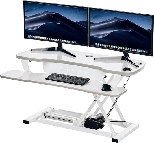 VERSADESK® Electric Standing Desk Converter, 40 Inch Large PowerPro™ Height Adjustable Sit to Stand Desk Riser with Keyboard Tray, Built-in USB Charging Outlet, Ergonomic Workstation, White