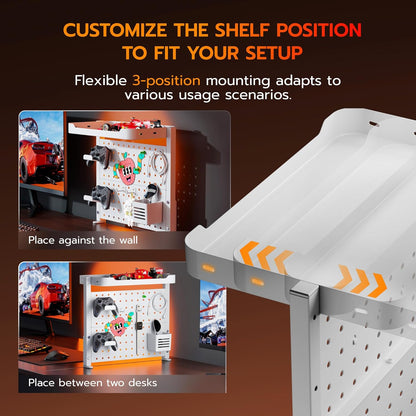 ARES WING Clamp On Desk Pegboard with 16 inches Organizer Shelf, Adjustable Above or Under Desk Storage Shelf Holds 44 lbs, Magnetic Metal Peg Board for Office and Gaming Accessories, White