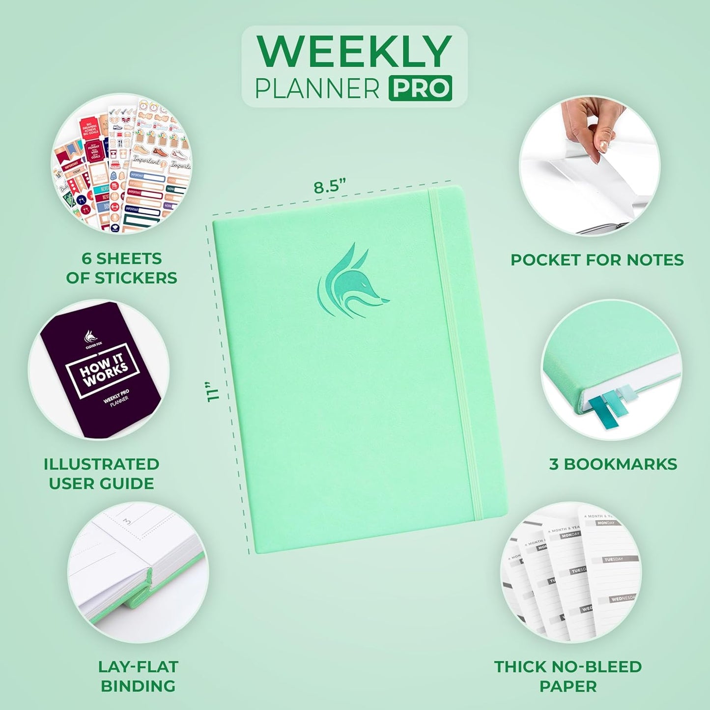 Clever Fox Planner PRO – Weekly & Monthly Life Planner to Increase Productivity, Time Management and Hit Your Goals, 8.5x11″ (Mint)