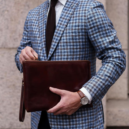 Time Resistance Leather Clutch for Men Organizer Wrist Bag Briefcase Handmade in Italy