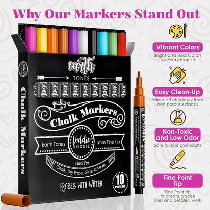 Loddie Doddie Fine Liquid Chalk Markers (10-Count) - Erasable Earth Tones Chalk Markers & Pens for Chalkboard & Blackboard