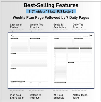 Day Planner - Professional Goal Planner, Calendar & Gratitude Journal to Increase Productivity, Time Management & Happiness - Vegan Leather Softcover, 24 Hourly Planner, Undated 6 Months Work Planner