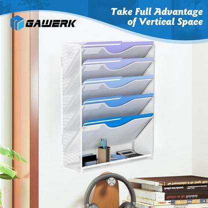 6 Tier Hanging File Organizer, Mesh Wall File Holder Paper Folder Rack with Bottom Flat Tray for Office Home, White