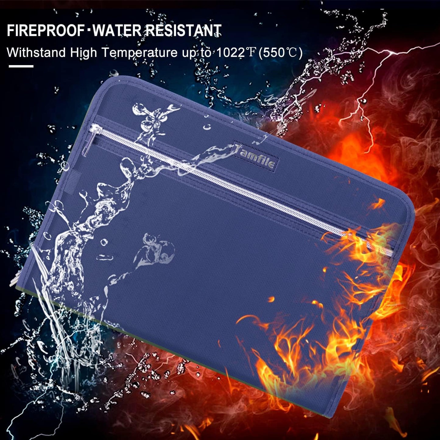 Fireproof Safe Accordion File Organizer Bag Folder,Waterproof Expanding Filing Folder with 14 Pockets, A4 Letter Size, Document Organizer Holder and Color Labels /2 Zipper, Navy Blue 14.3" x 9.8"