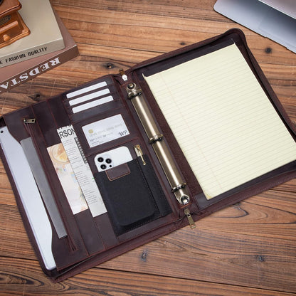 Genuine Leather Portfolio with 3 Ring Binder, Full Grain Leather Padfolio Zippered, A4 Notebook Holder Laptop Sleeve Professional Folder Organizer Gift for Men and Women, Dark Brown