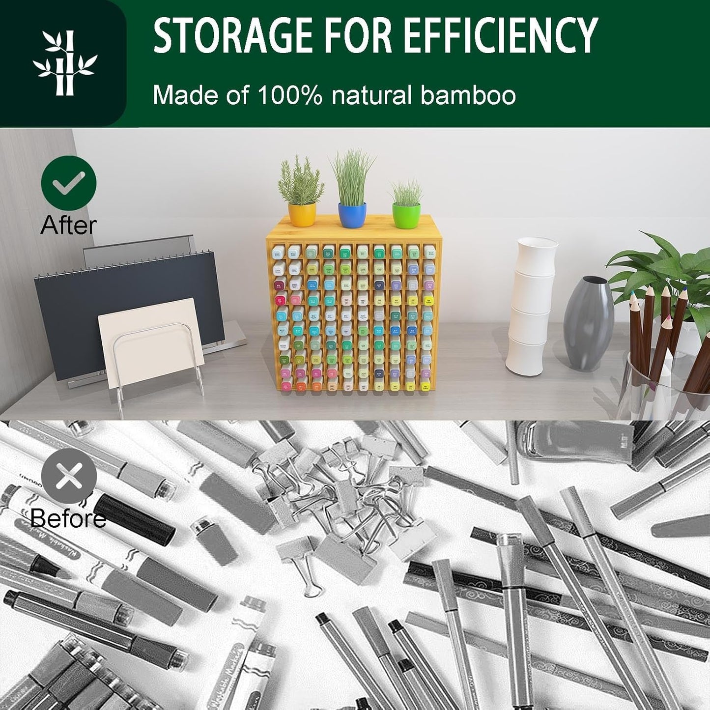 MinBoo Art Marker Storage Organizer for 100 Markers, Bamboo Art Supply Rack, Pens Color Pencils Paint Brushes Stationary Organizer Holder for Home Classroom Office Desk Decor