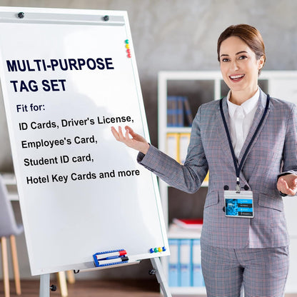 Marspark 100 Sets Clear Name Tags with Lanyard, Lanyards for ID Badges Reusable Strap with ID Holder Plastic Name Badges for Adults Business School Church Conference (Dark Blue)