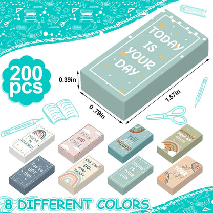 200 Pcs Back to School Inspirational Erasers Bulk Gifts Boho Everyone is Welcome Classroom Decor Fun Rainbow Motivational Pencil Erasers for Classroom Office Teacher Artists Prize Reward