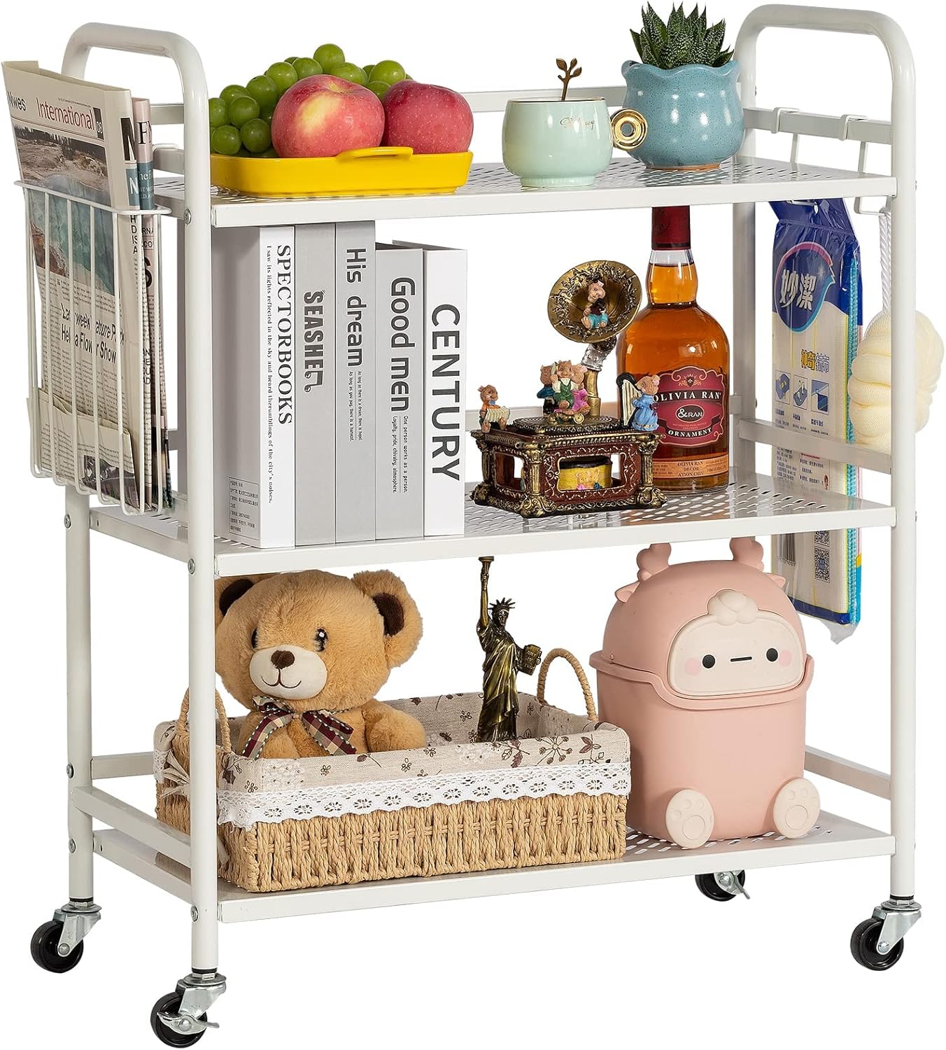 HDANI 3 Tier Metal Mesh Utility Cart,Large Capacity Multipurpose Heavy Vehicle,Rolling Trolley with to Hooks and One Basket(White)