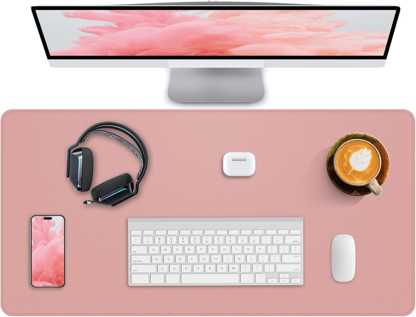 Desk Pad Mat 23.6"x13.7" - Waterproof Mouse Pad & Desk Protector, Non-Slip PU Leather for Gaming Keyboard/Mouse, Stitched Edge XL Office Desk Pad with Ergonomic Support(Pink)