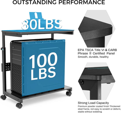 EUREKA ERGONOMIC PC Stand Computer Cart, Height Adjustable Tower Stand 2-Tier Suit for ATX Case Printer, Metal Rolling Cart on Wheels for Gaming Home Office, Black