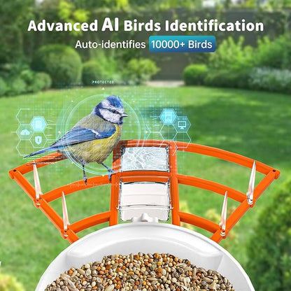 Smart Bird Feeder with Camera Solar Powered & AI Bi rd Identification, 2.4Ghz WiFi Bird feeders for Outdoors, 2K Live Video, Nstant Arrival Alerts - Orange