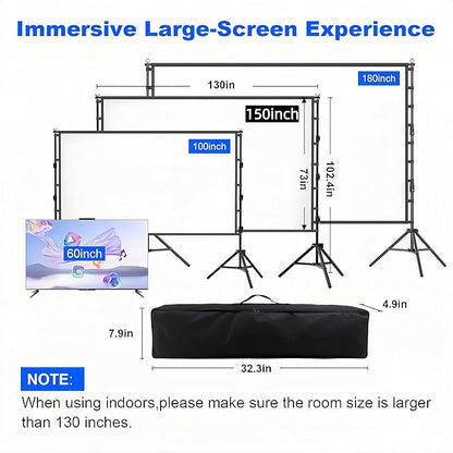 Outdoor Projector Screen with Stand, 150 inch Portable Projection Screen Wrinkle-Free 16:9 4K HD Rear Front Movie Screen with Carry Bag for Indoor Home Theater, Camping and Backyard Entertainment
