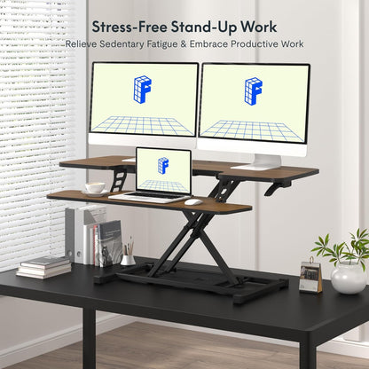 FLXISPOT 42" Standing Desk Converter Sit to Stand up Riser Height Adjustable Monitor and Laptop Workstation with Spacious 2-Tier Desktop, Walnut Color