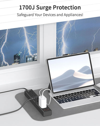 2 Prong Power Strip, 2 to 3 Prong Outlet Adapter with Polarized Plug, 1700J Surge Protector, 6ft Two Prong Extension Cord, 5 AC Outlets & 3 USB(5V 3.4A Max), Wall Mount for Non-Grounded Outlet