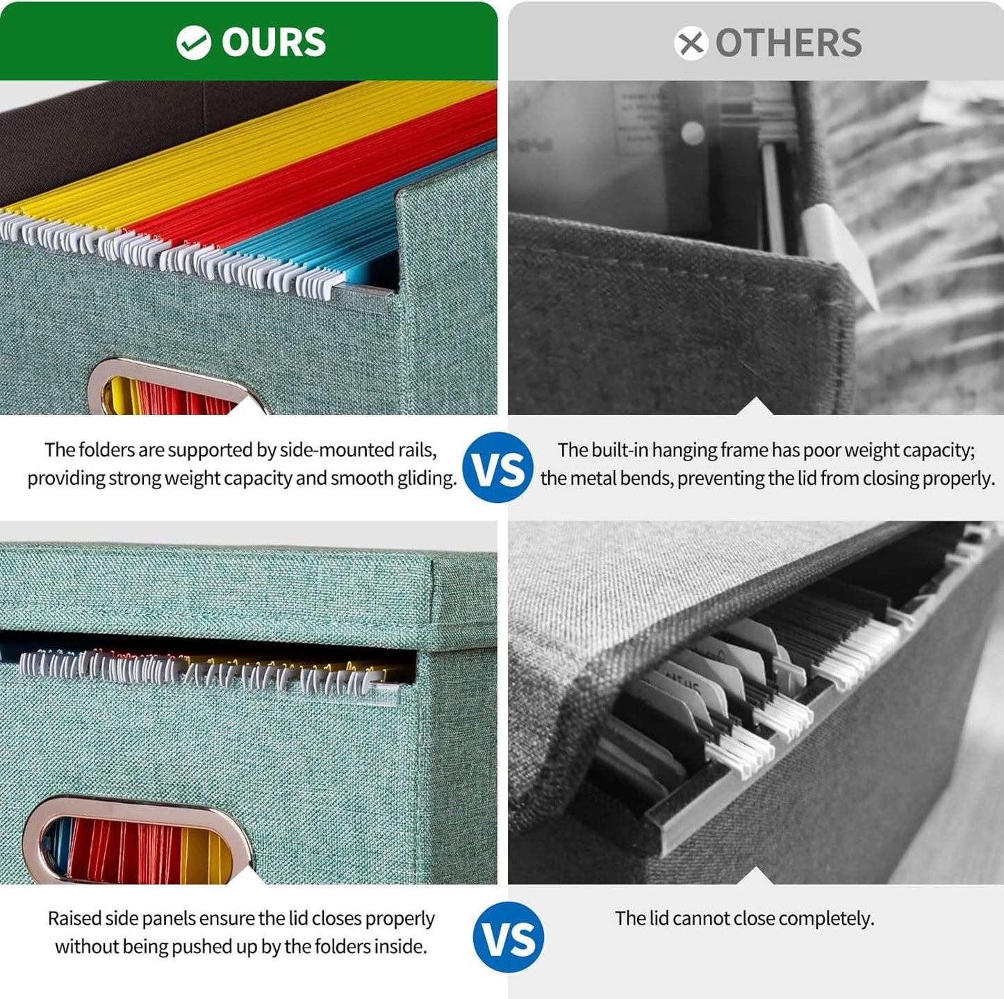 2 Pack Hanging File Folders Organizer with Lid, Letter Size Fabric File Storage Box Collapsible, Portable Office Document Holder with Metal Handle, Smooth PVC Rails, Green