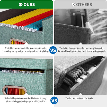 2 Pack Hanging File Folders Organizer with Lid, Letter Size Fabric File Storage Box Collapsible, Portable Office Document Holder with Metal Handle, Smooth PVC Rails, Green