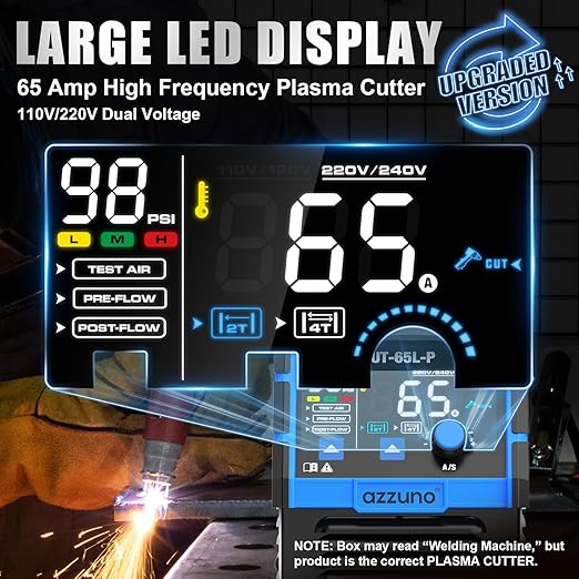 AZZUNO Plasma Cutter 65Amps, Non-Touch Pilot Arc, 110/220V Dual Voltage Large LED Display Plasma Cutting Machine, IGBT Inverter Air Sensor Technology, Max Cut 1" Plate/Mesh Cutting