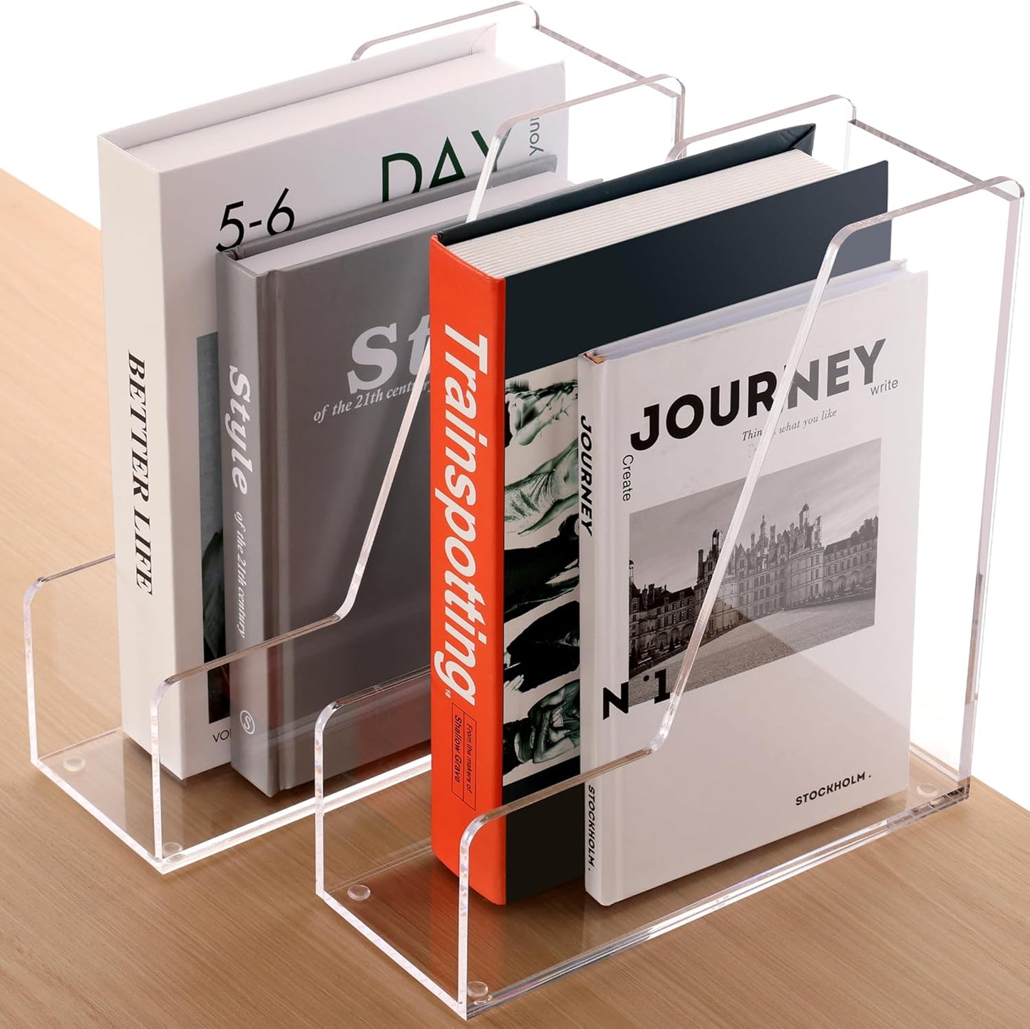 Magazine Holder, Clear Acrylic Desk Organizers, File Organizer for Desk, Magazine Rack- Desktop Book Storage -Independent Vertical 1 Space-2 Pack