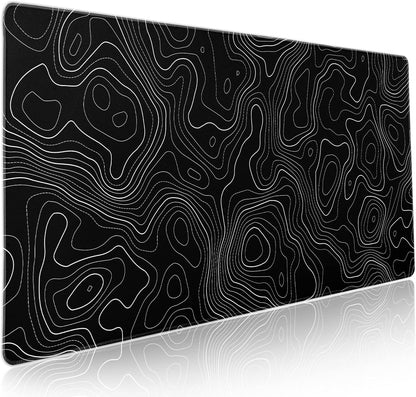 Topographic Contour Black Gaming Mouse Pad XXL Topo Geographic Map Lines Extended Large Mouse Pad Big Desk Mat Non-Slip Rubber Base Stitched Edge Long Mousepad for Desktop Office Desk,35.4 x 15.7 in