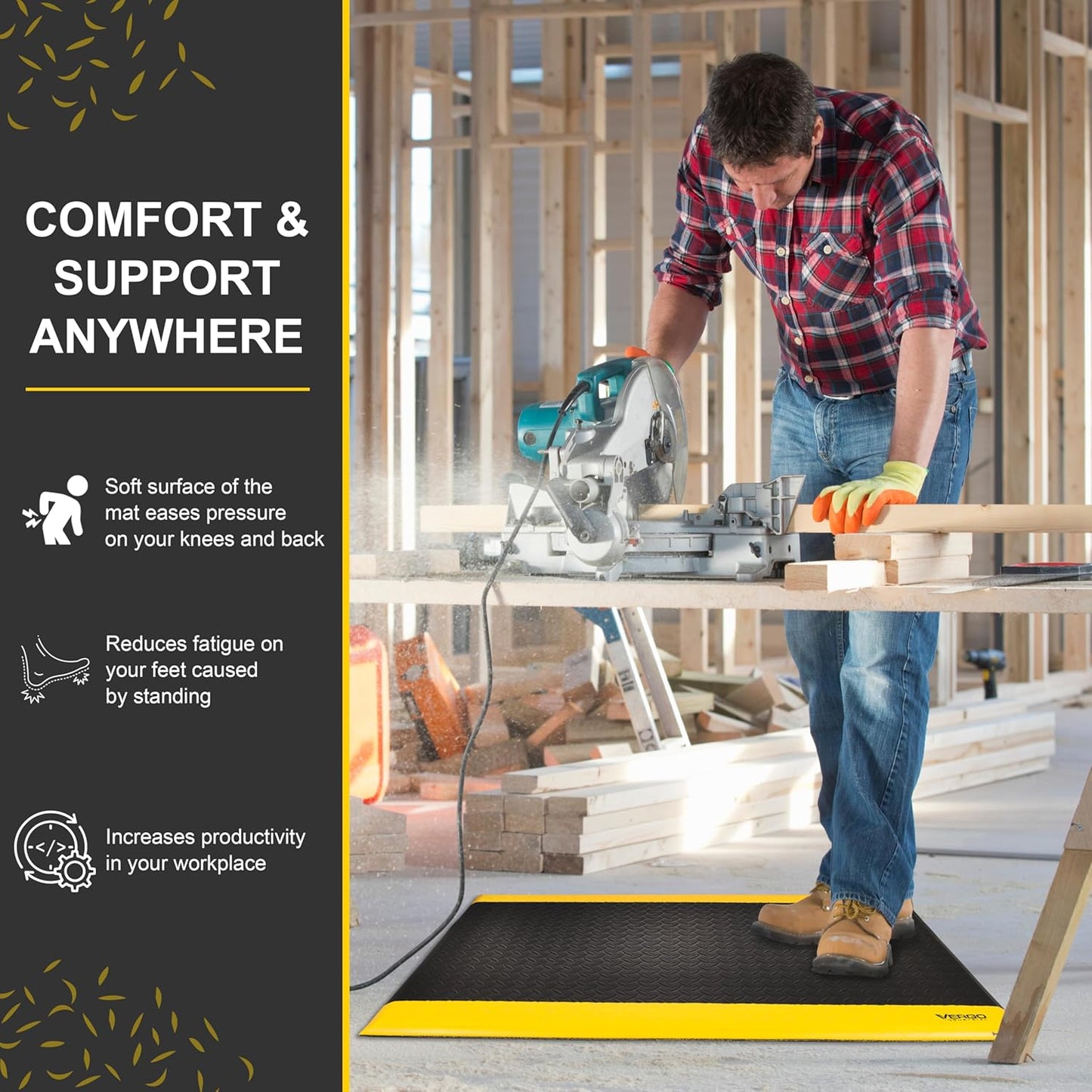 Vergo Industrial 15/16” Extra Thick Anti Fatigue Mat - Heavy Duty Commercial Grade Diamond Plate Ergonomic Standing, Non-Slip Black with Yellow Anti Fatigue Floor Mat for Work, Shop (2-Pack 2' x 3')