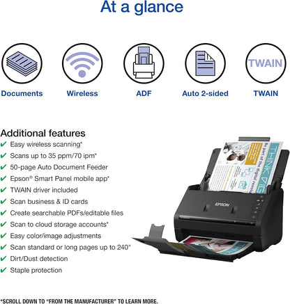 Epson Workforce ES-500W II Wireless Color Duplex Desktop Document Scanner for PC and Mac, with Auto Document Feeder (ADF) and Scan from Smartphone or Tablet (Renewed)
