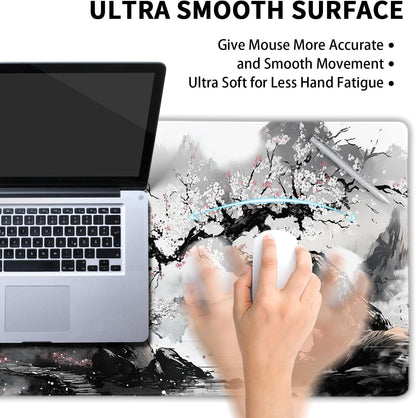 Black Whtie Japanese Gaming Mouse Pad XXL Anime Sakura Cherry Blossom Tree Extended Large Mat Mousepad Desk Pad Non-Slip Rubber Base Stitched Edge Keyboard Pad Playmat for Computer,35.4×15.7 Inch