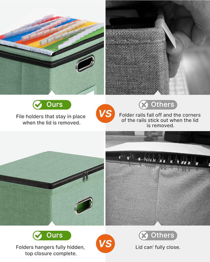 Oterri 2 Pack File Organizer Boxes with Lids, File Box with Mesh Pockets, Document Organizer Box for File Folders Letter Size, Zippers Filing Box for Home, Office, School (Green, Without Folders)