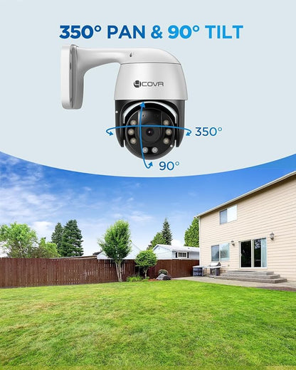 4COVR PoE PTZ Security Camera System, 350° Pan 90° Tilt 3X Digital Zoom, 4X 5MP PoE IP Camera, 8CH 4K NVR & 2TB HDD, AI Human Vehicle Detection, Smart Color Night Vision, Two Way Audio, LYM2XP5M0804