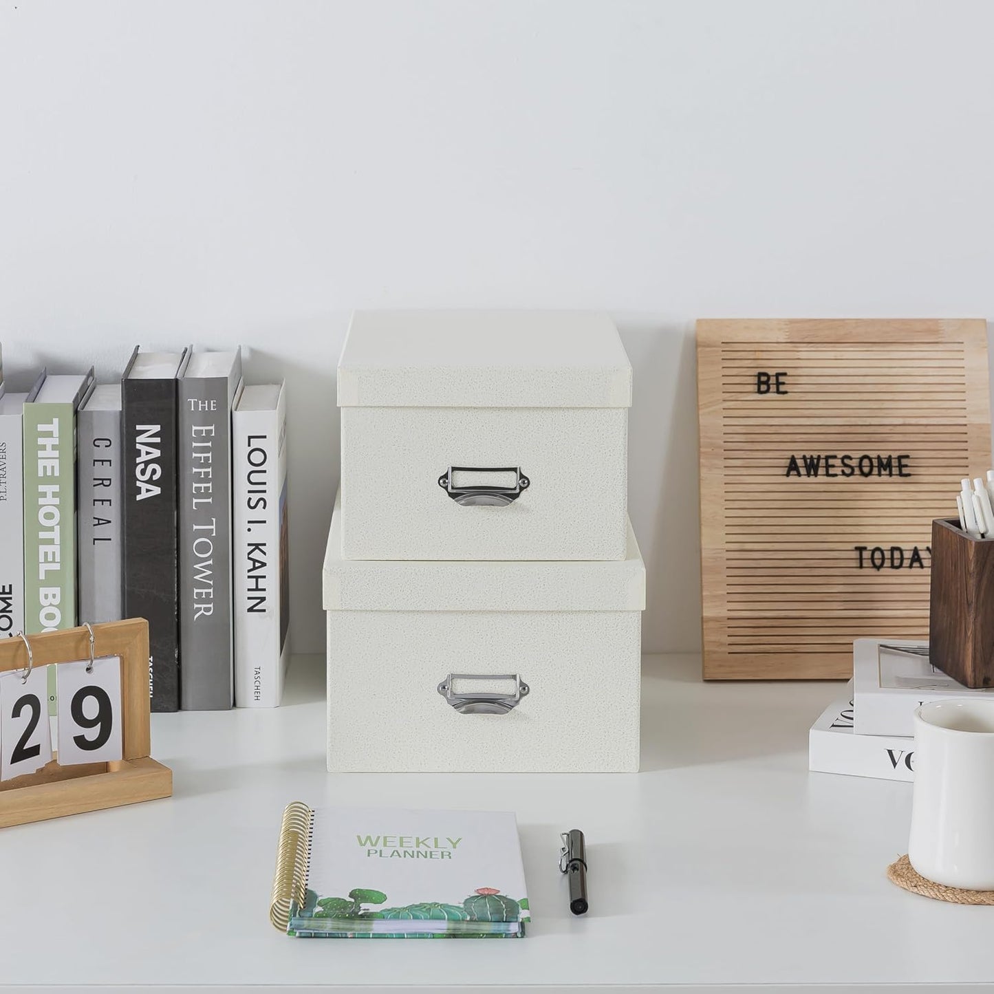 Soul & Lane Decorative Cardboard Storage Boxes with Lids, Set of 2 Stacking Keepsake Photo and Memory Boxes for Home & Office, Paperboard Organizers with Label Holders and Drawer Pulls, Cream White