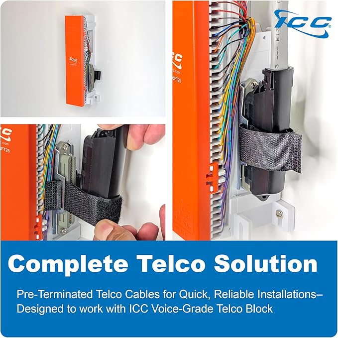 ICC Female to Male 25 Pair Telco Cable 10ft - Cat3 24AWG, 100% Solid Pure Copper, Gray Riser CMR Cable with 90 Degree 50 Pin Telco Connector for Voice and Low Data PBX Applications, 10 Feet