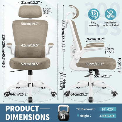 FelixKing Ergonomic Office Chair, Headrest Desk Chair Office Chair with Adjustable Lumbar Support, Home Office Swivel Task Chair with High Back and Armrest, Adjustable Height Gaming Chair(Khaki)