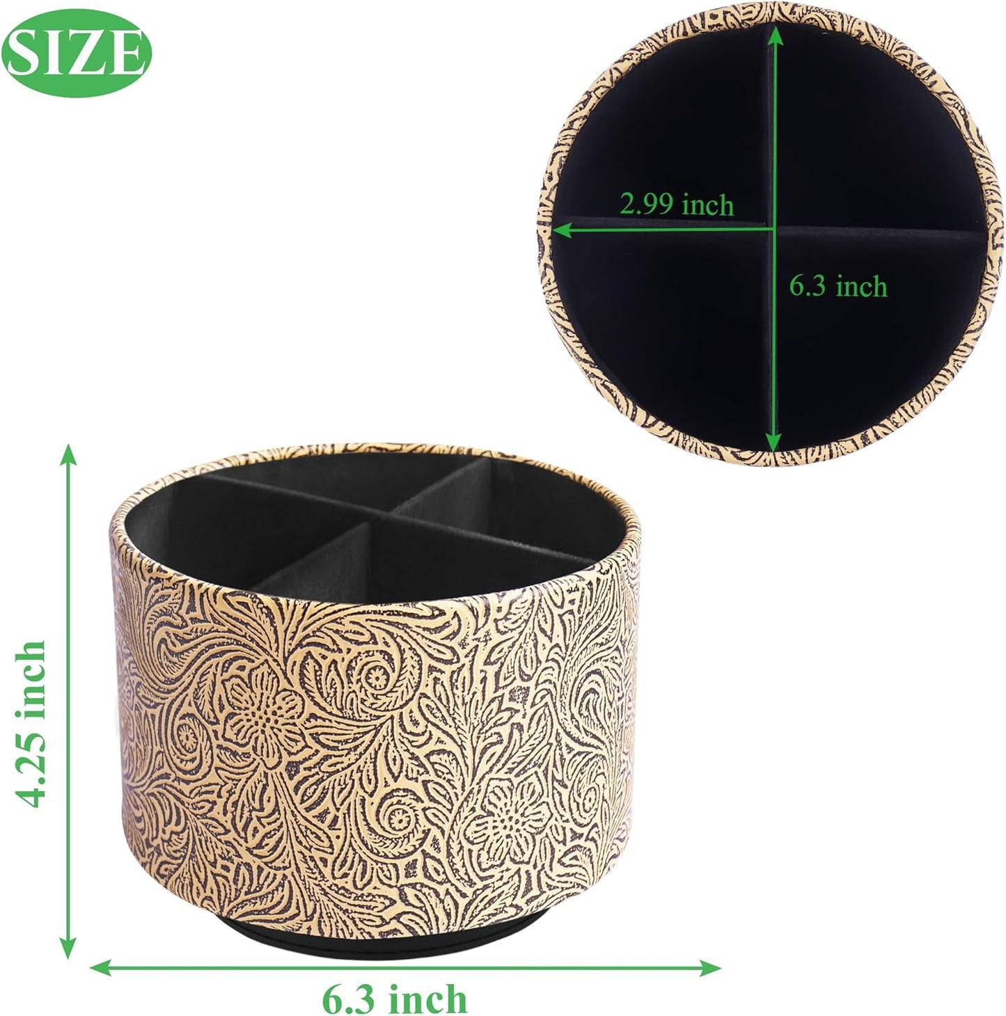 lizimandu Round Leather Art Supply Organizer,Remote Control Holder,360 Degree Spinning,Multi-Functional Pencil Holder,4 Compartments Desktop Stationary Organizer(1-Yellow Black)