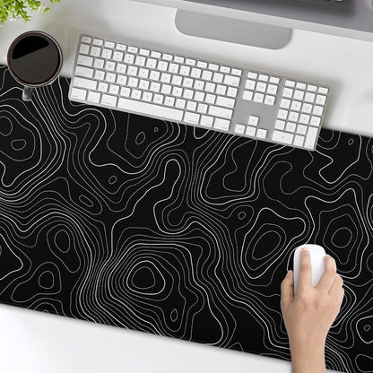 Topographic Contour Black Gaming Mouse Pad XL Topo Geographic Map Lines Extended Large Mouse Pad Big Desk Mat Non-Slip Rubber Base Stitched Edge Long Keyboard Playmat for Desk Computer,31.5×11.8 in