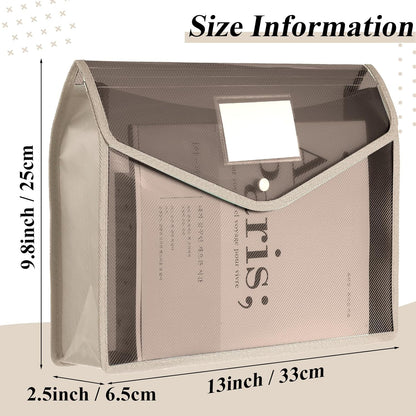 10 Pieces Plastic File Folders Envelope Expanding File Wallet Organizer Documents Folder with Snap Closure and Pocket, A4 Size Waterproof Transparent Pouch(Khaki,Horizontal)