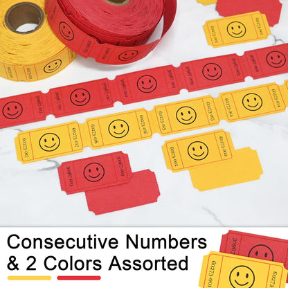 L LIKED Raffle Tickets, 1000 Count, Smile,2 Color Set of 500 1" x 2" Tickets, Single Rolls Raffle Tickets for Raffles, Carnival, Door Prizes and Class Reward-Yellow/Red