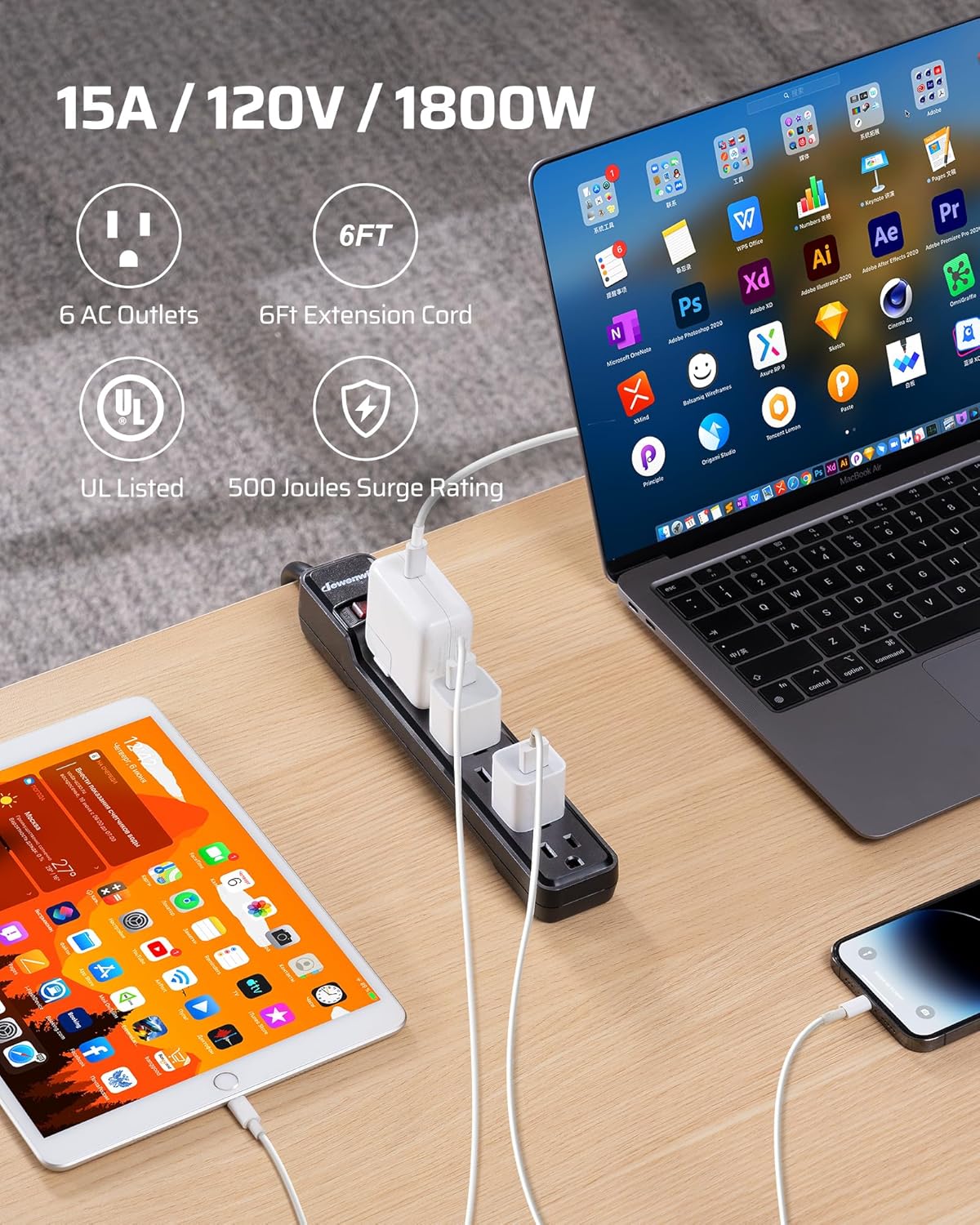 DEWENWILS 15 Foot Long Power Strip, 6-Outlet Power Strip 15FT, 15 Amp Circuit Breaker, Low Profile Flat Plug, Surge Protector for Office, Living Room, Bedroom, 4 Pack, Wall Mount, Black